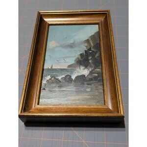 Vintage Seascape Oil Painting In Dark Wood Frame